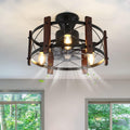 Industrial Ceiling Fan with Light Remote Control Metal Caged Wood Black Enclosed J436420