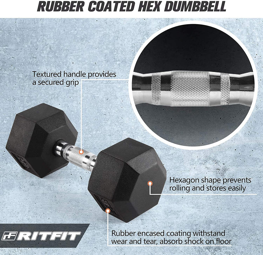 Rubber Hex Dumbbell 5-60 Lbs with Metal Handle A230969