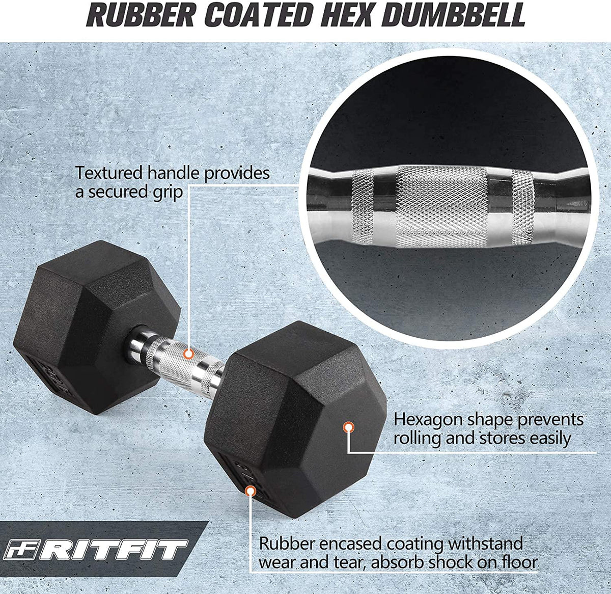 Rubber Hex Dumbbell 5-60 Lbs with Metal Handle A230969