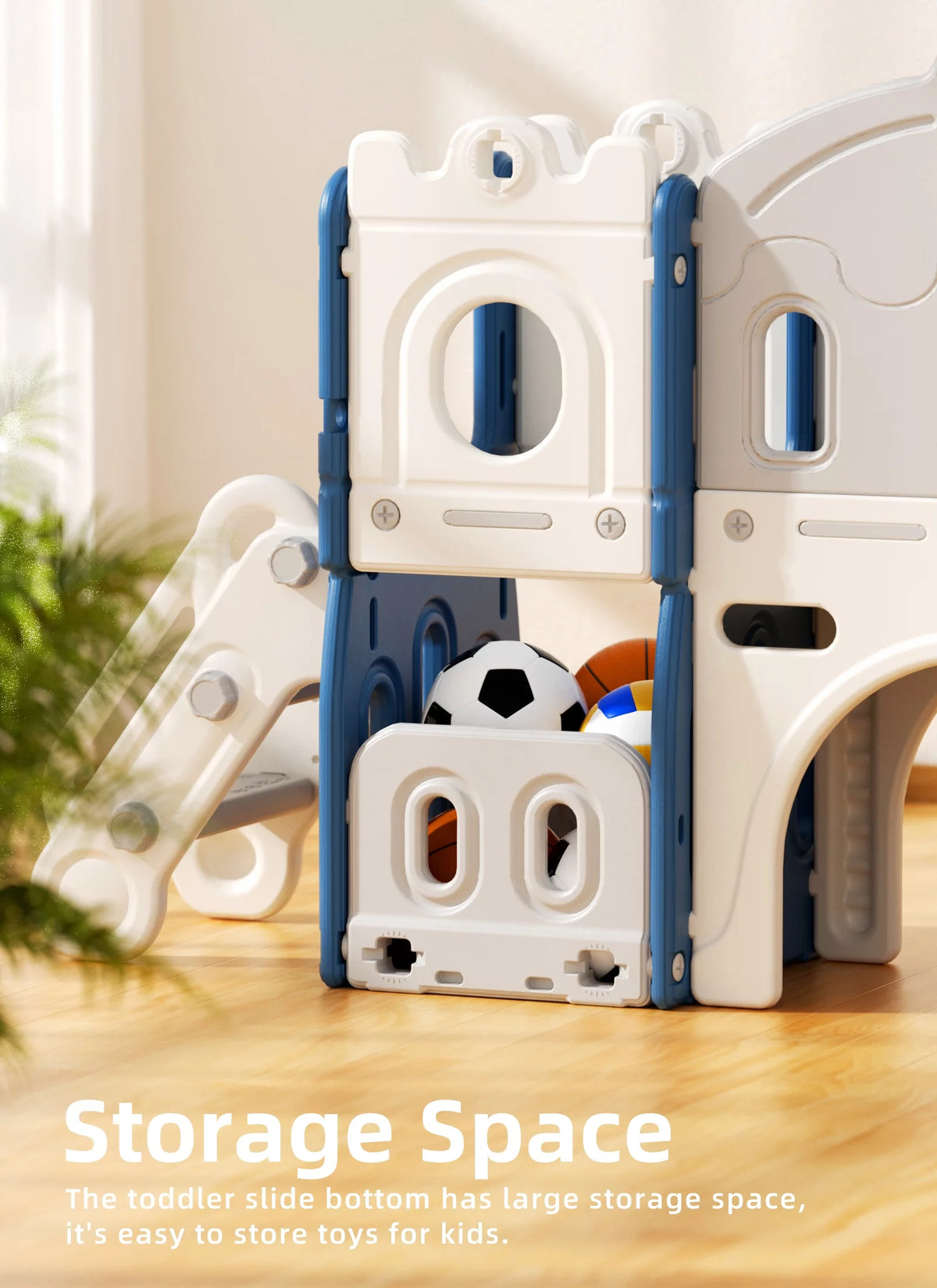 8 in 1 Toddler Slide with Climber, Basketball Hoop, Tunnel and Storage Space Q13256