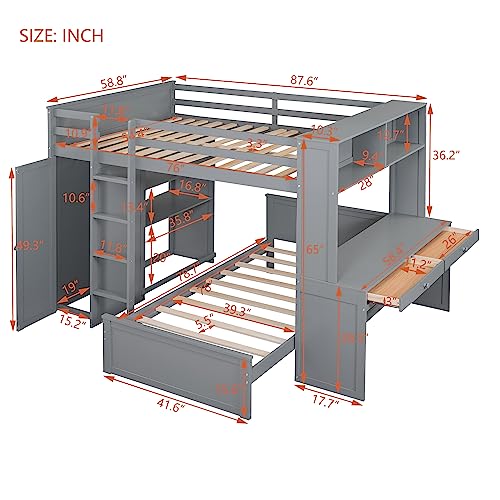 Twin Size Loft Bed with Built-in Desk & Wardrobes, Wood Bedframe with 4 Drawers & 4 Shelves, Gray I872030