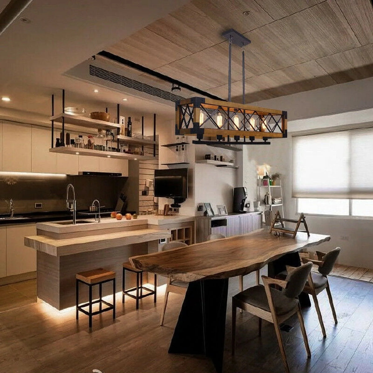 5-Lights Wooden Rectangle Pendant Light Fixture M1595