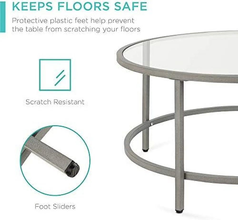 36in Round Tempered Glass Coffee Table with Metal Frame P1868