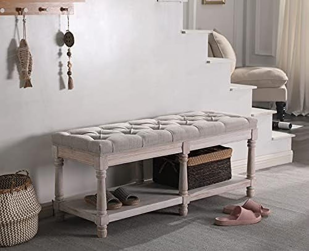 Beige Tufted Wood Entryway Bench K986