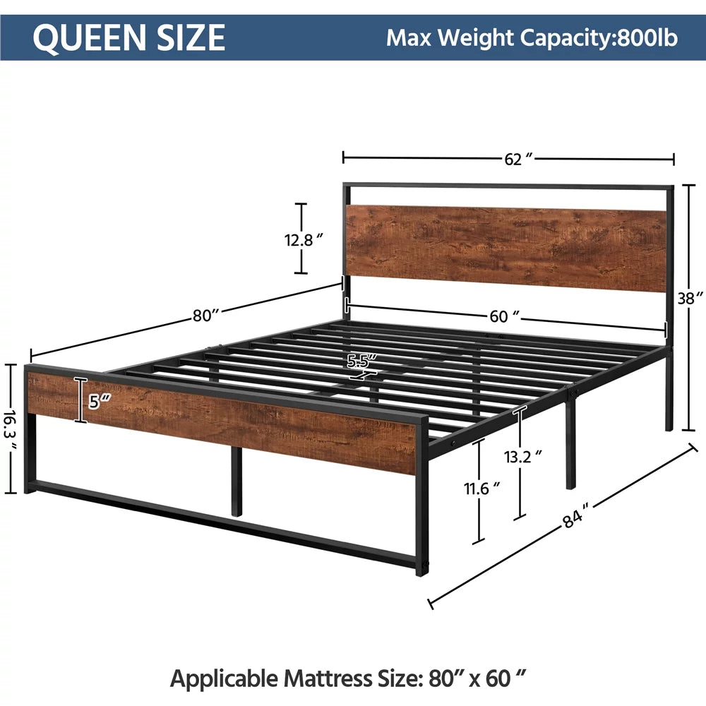 Queen Size Mahogany Metal Platform Bed with Wooden Headboard and Footboard T164