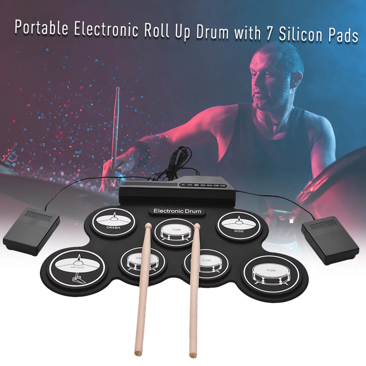 Compact USB Silicon Drum Set with 7 Drum Pads Drumsticks Foot Pedals L116