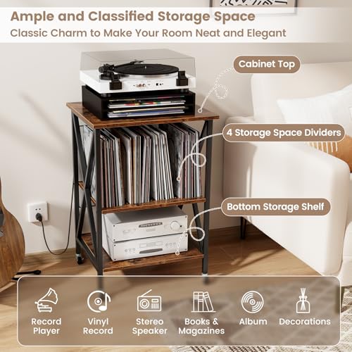 Rustic Brown Record Player Stand with Record Storage M865