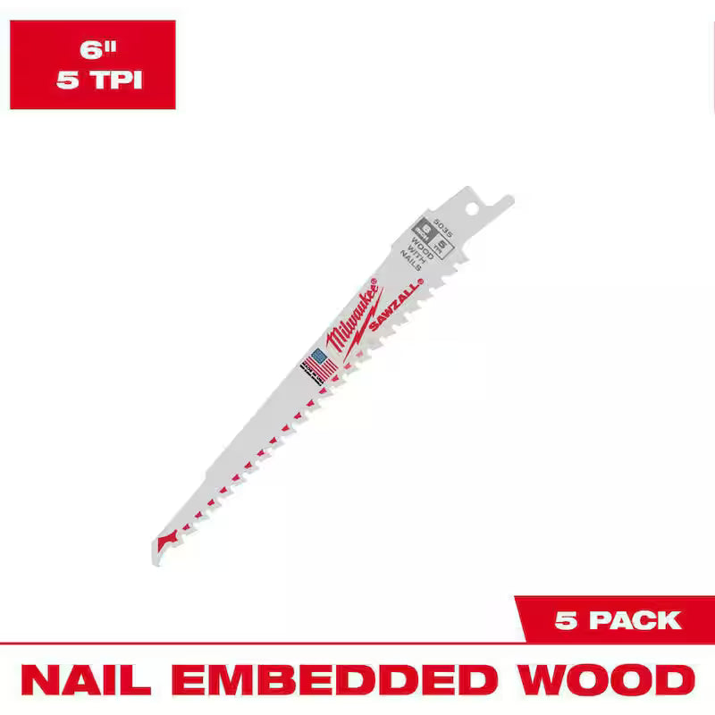 6 in. 5 TPI BiMetal Reciprocating Saw Blades (5-Pack) X387