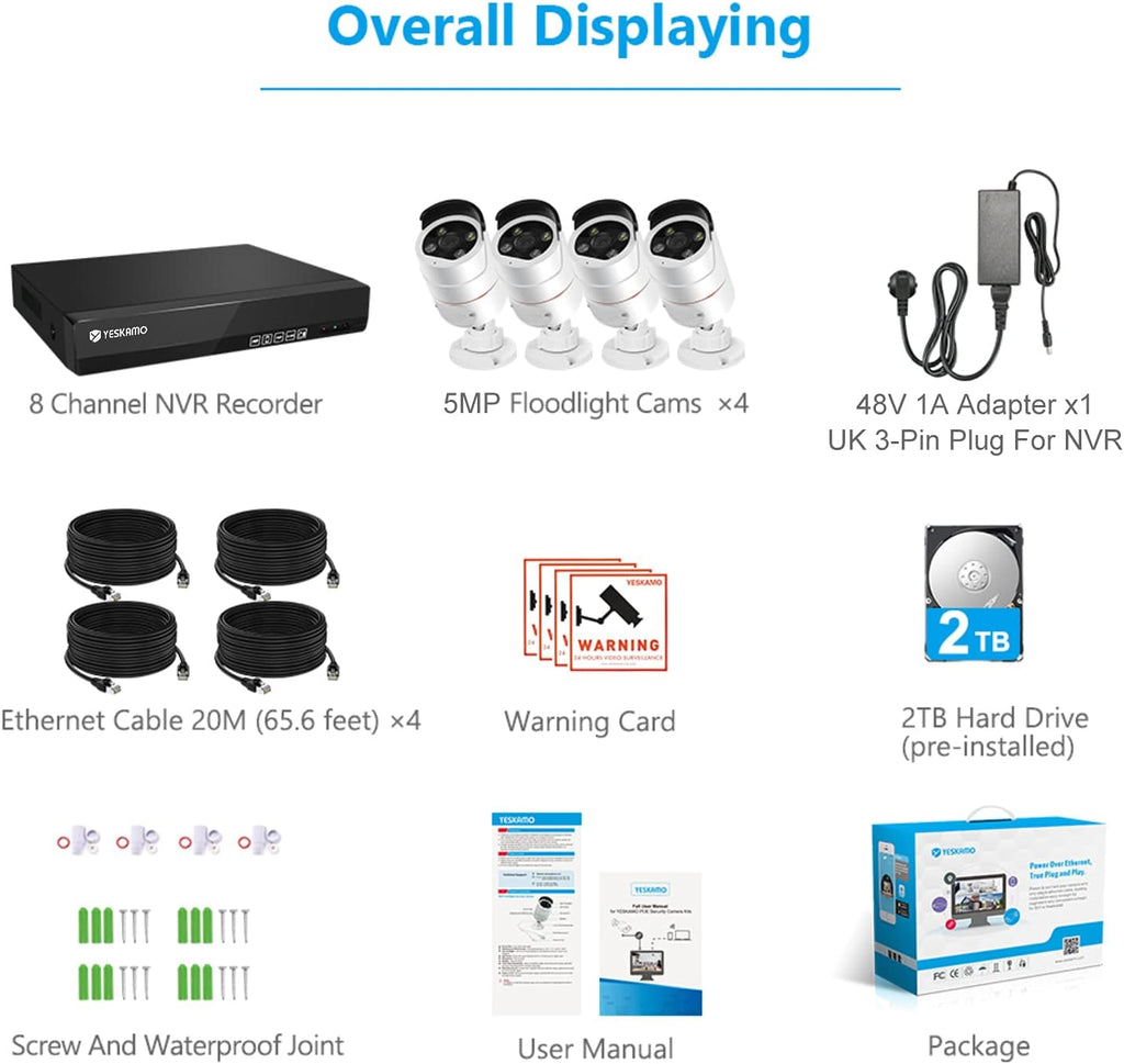 5MP PoE Security Camera System, 4pcs Wired Outdoor PoE IP Cameras, 8CH NVR with 2TB Hard Drive, Color Night Vision C9151