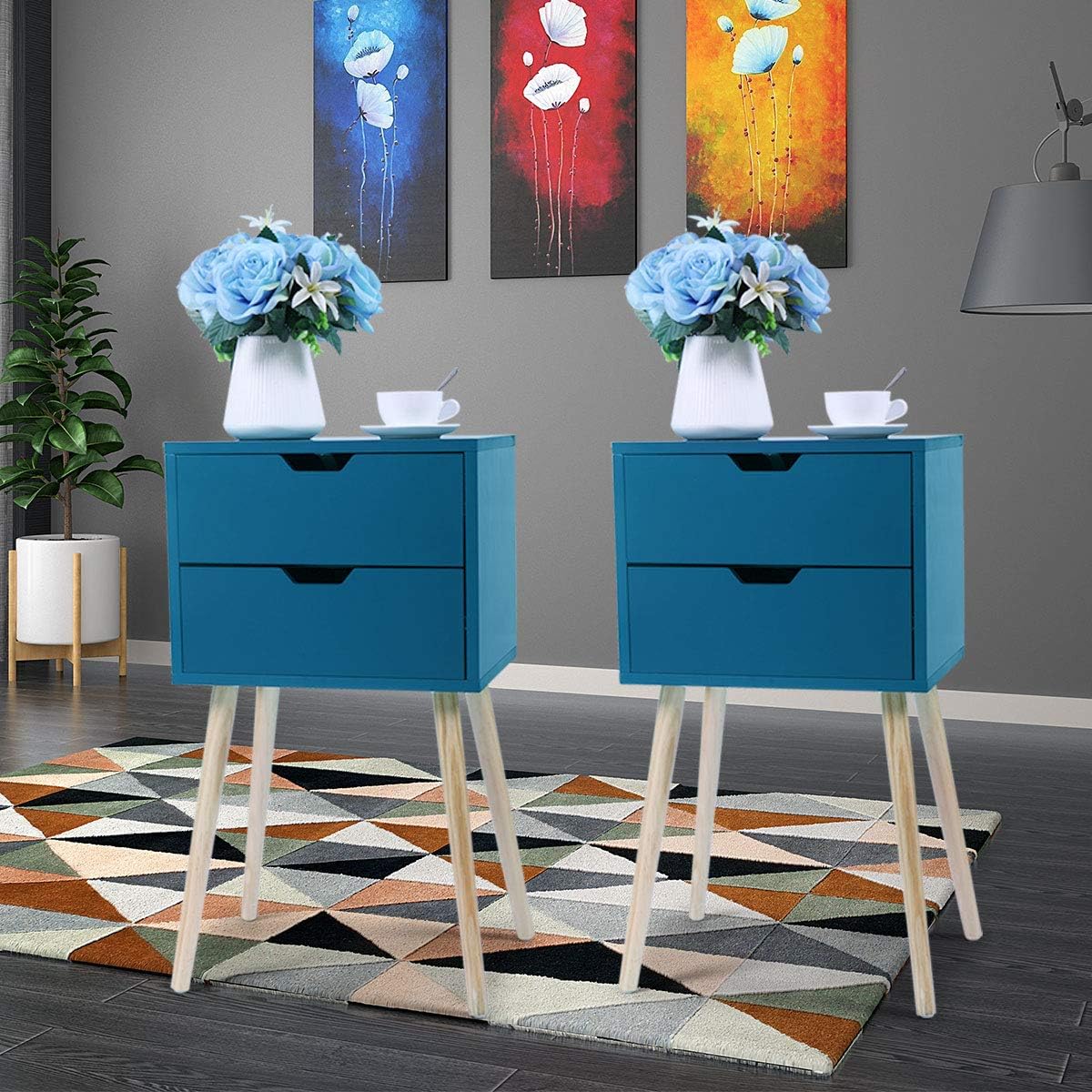 Set of 2 White & Walnut 2 Drawer Wood Nightstand Y9508