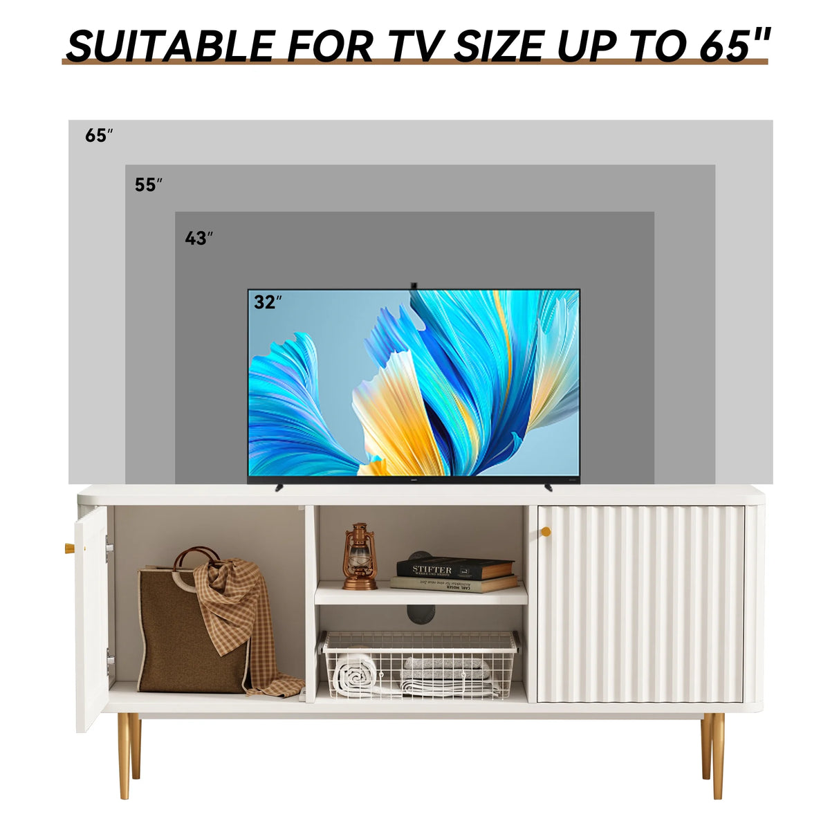 Mid Century Modern White TV Stand with Storage U733029