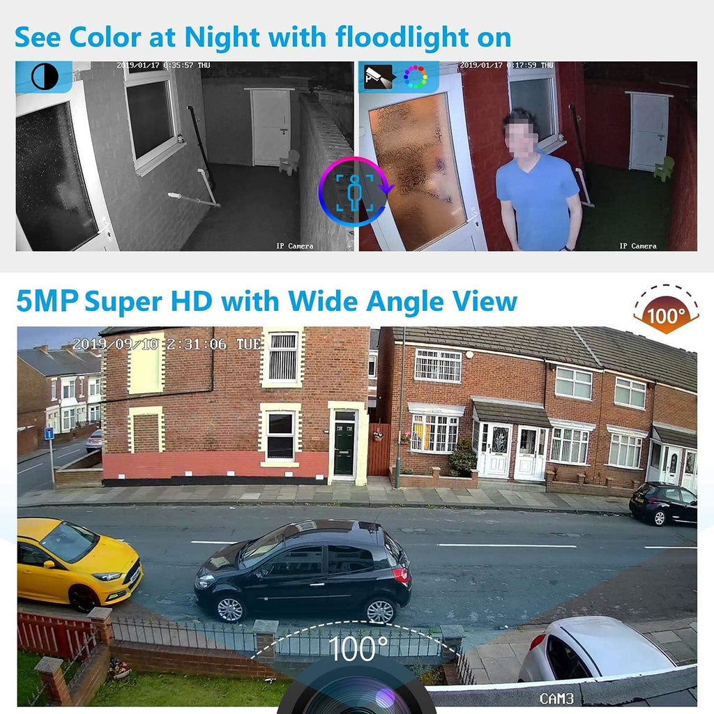 5MP PoE Security Camera System, 4pcs Wired Outdoor PoE IP Cameras, 8CH NVR with 2TB Hard Drive, Color Night Vision C9151