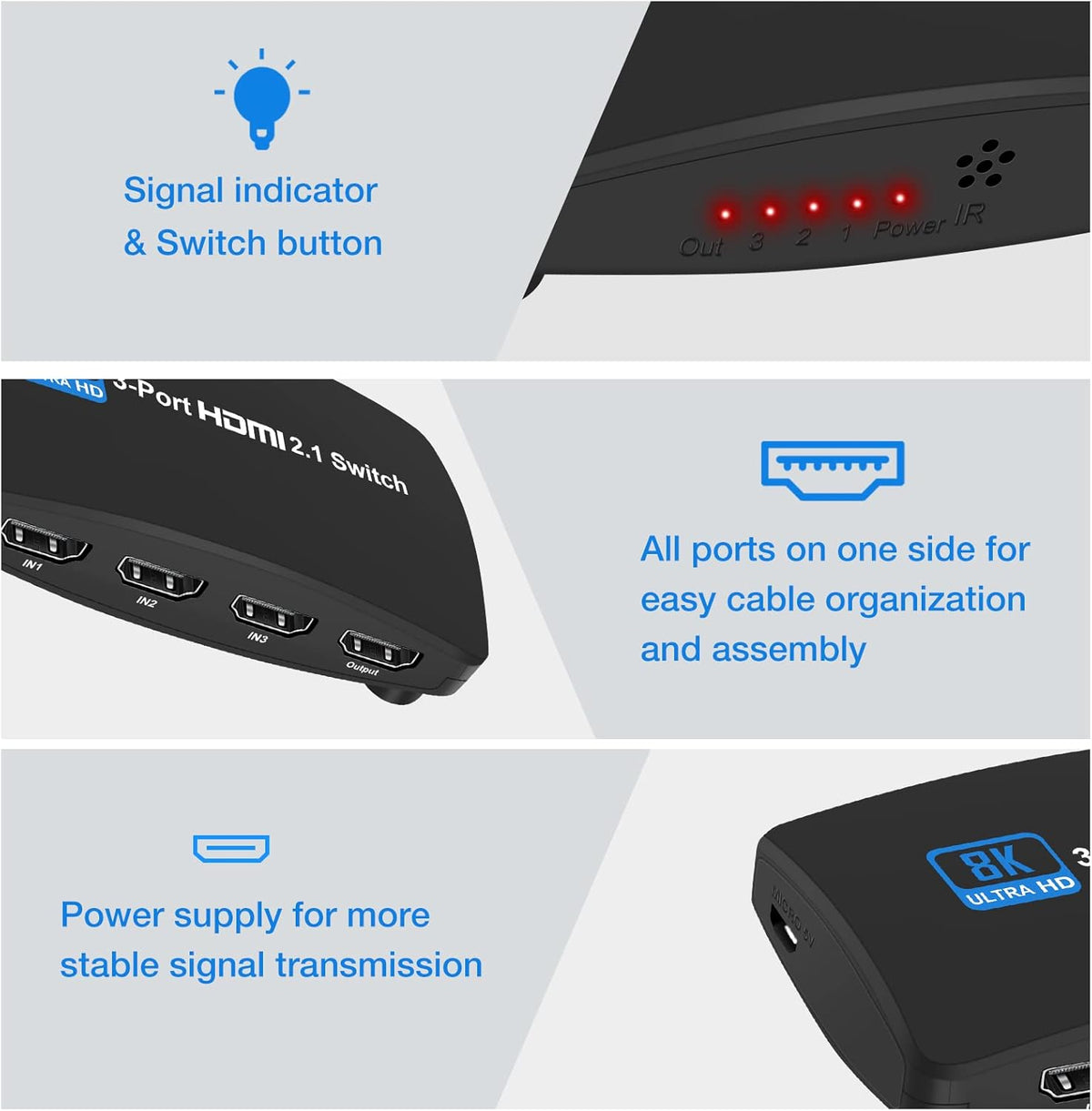 HDMI 2.1 Switch 3 in 1 Out with Remote Control Pack of 2 T60314