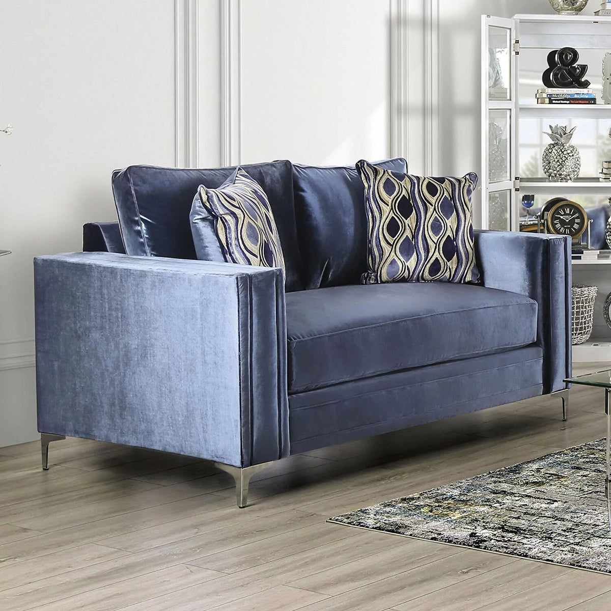 Satin Blue & Silver Microfiber Loveseat S780