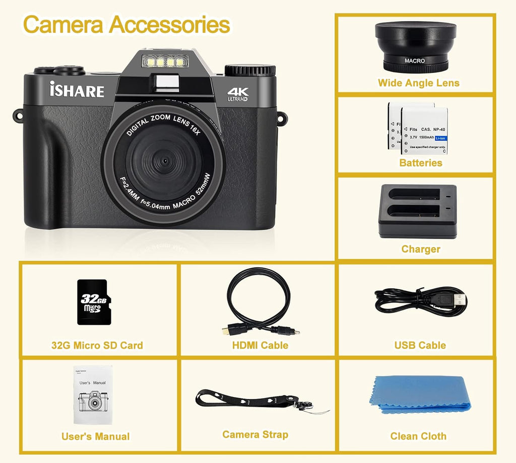 4K 48MP Digital Camera with 3.0 inch 180Deg Flip Screen and 2 Batteries B89965