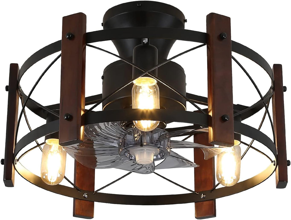 Industrial Ceiling Fan with Light Remote Control Metal Caged Wood Black Enclosed J436420