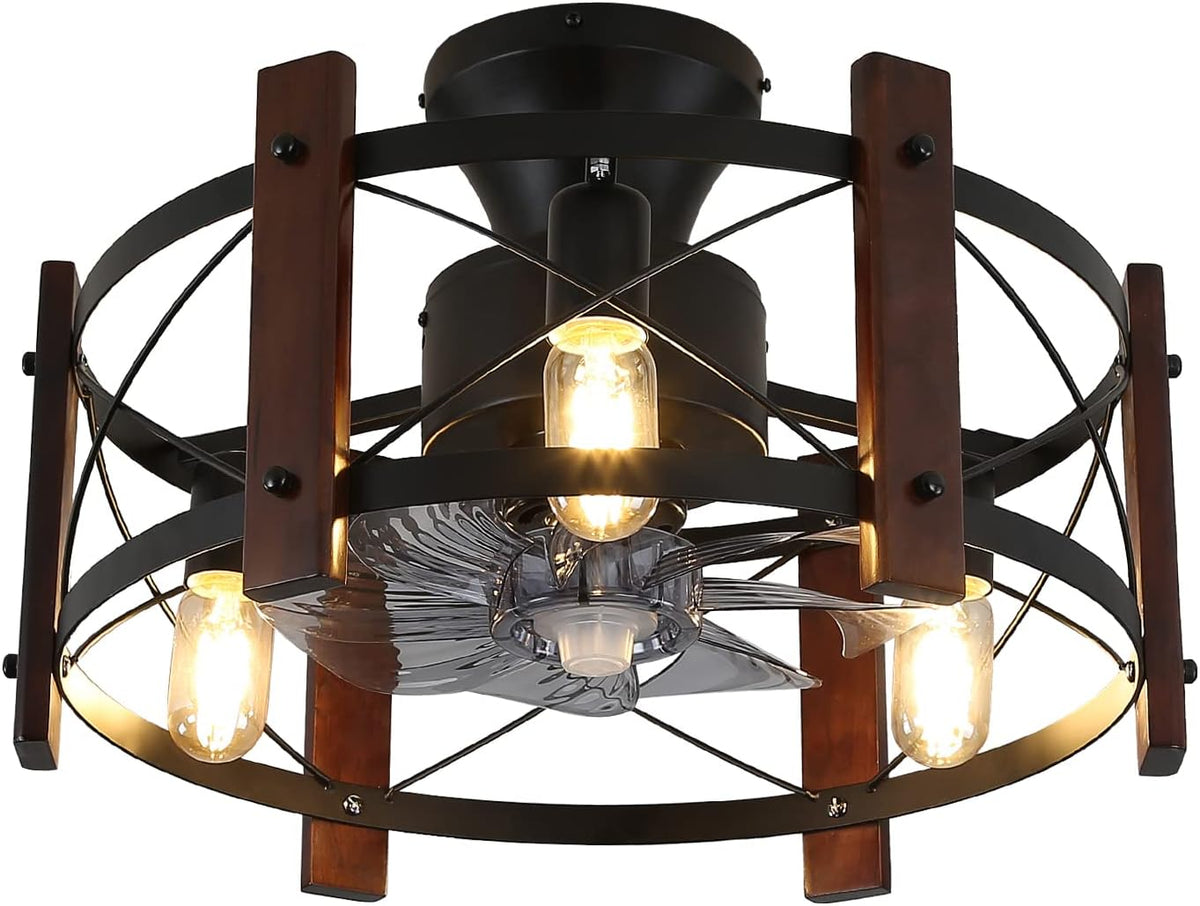 Industrial Ceiling Fan with Light Remote Control Metal Caged Wood Black Enclosed J436420