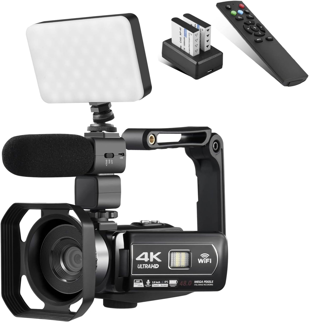 4K 48MP 3.0 Inch IPS Touch Screen Camcorder with Microphone and 2 Batteries (Black) X208455