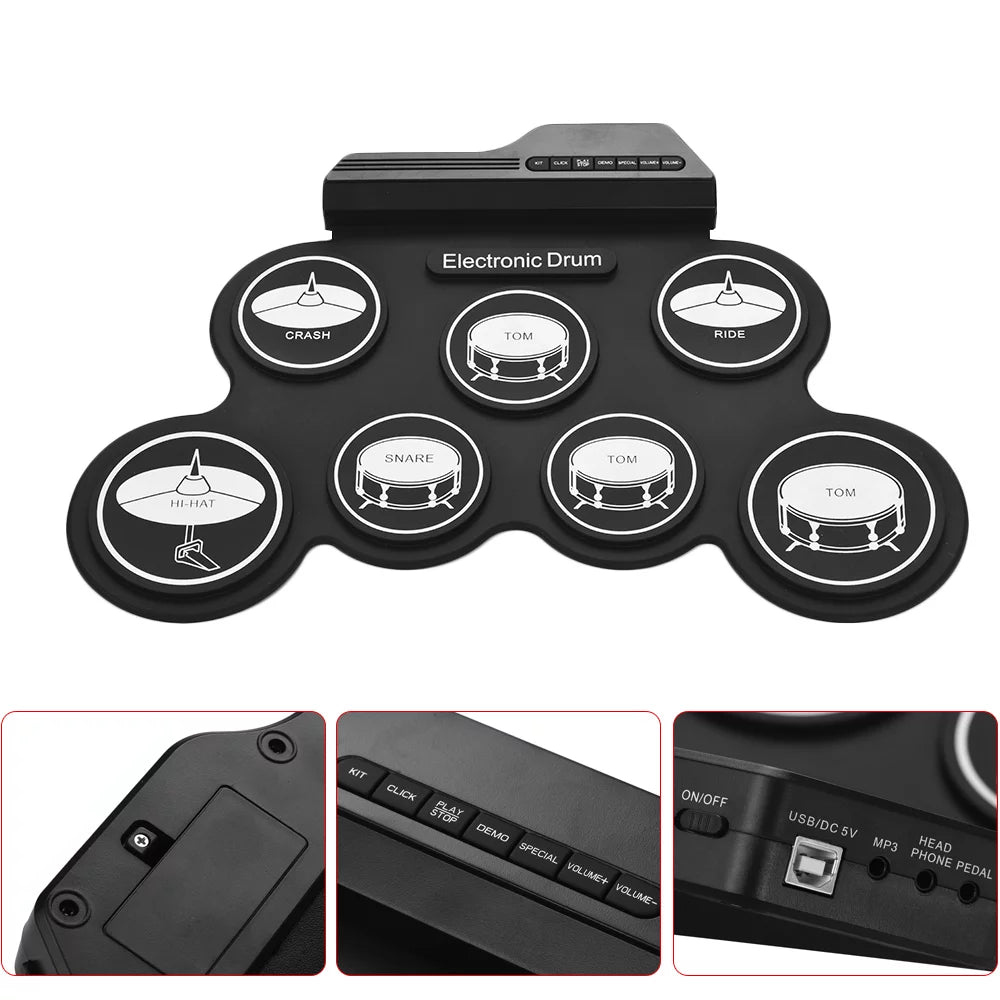 Compact USB Silicon Drum Set with 7 Drum Pads Drumsticks Foot Pedals L116