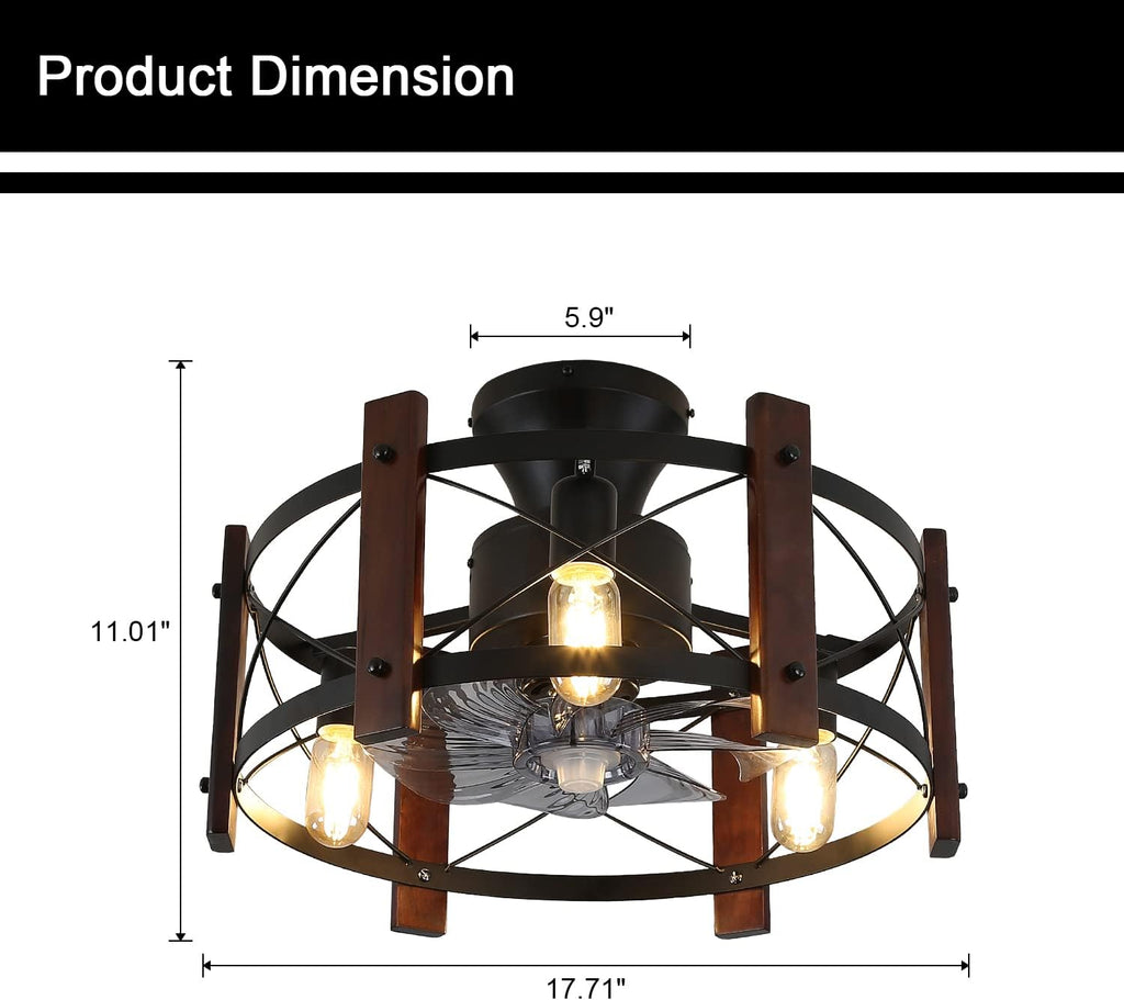 Industrial Ceiling Fan with Light Remote Control Metal Caged Wood Black Enclosed J436420