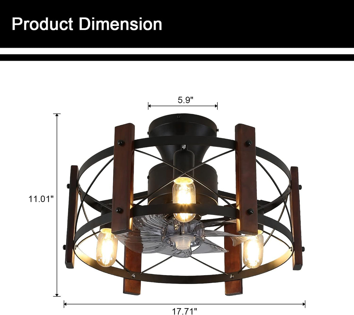 Industrial Ceiling Fan with Light Remote Control Metal Caged Wood Black Enclosed J436420