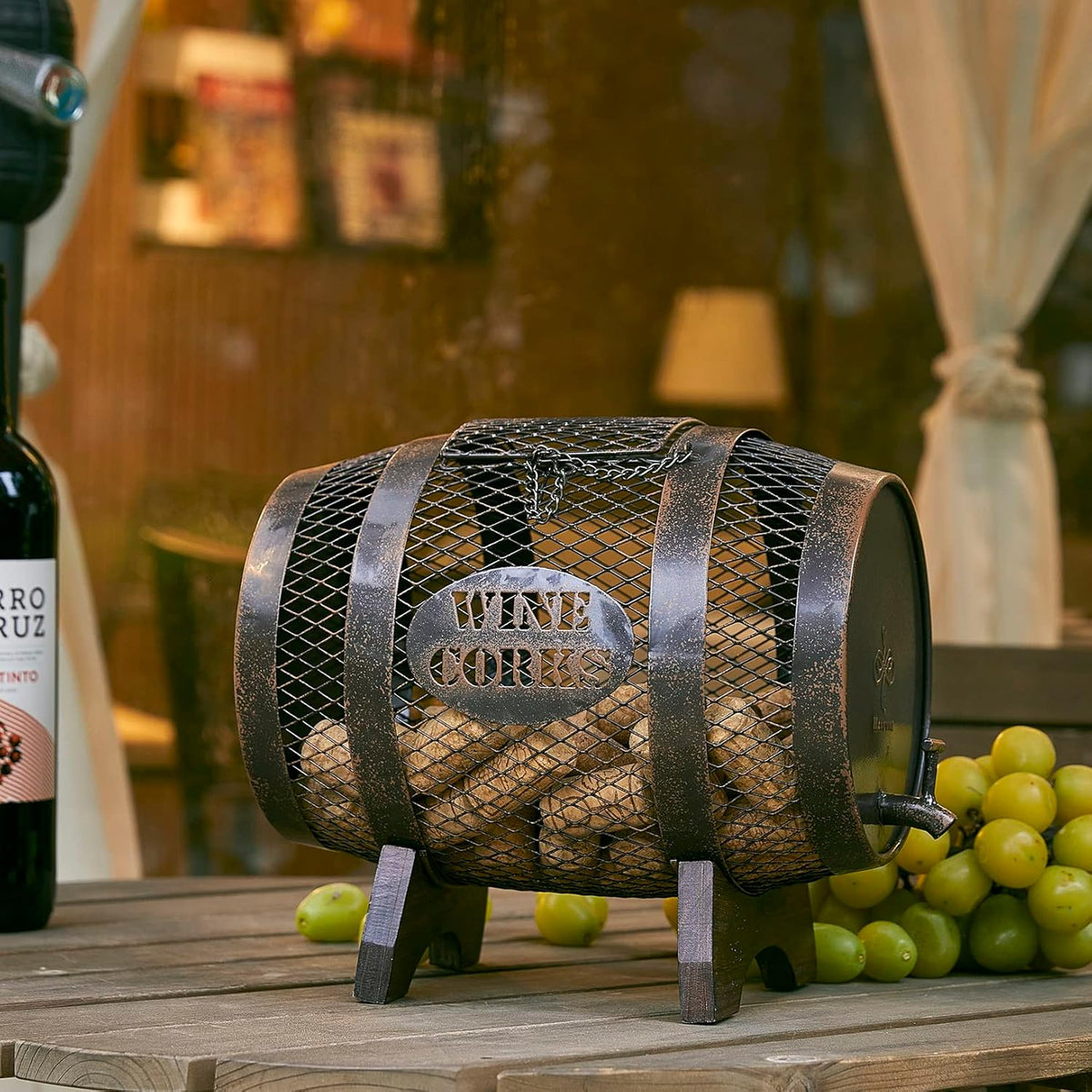 Rustic Metal Large Barrel Wine Cork Holder Display On Wooden Stand N2245