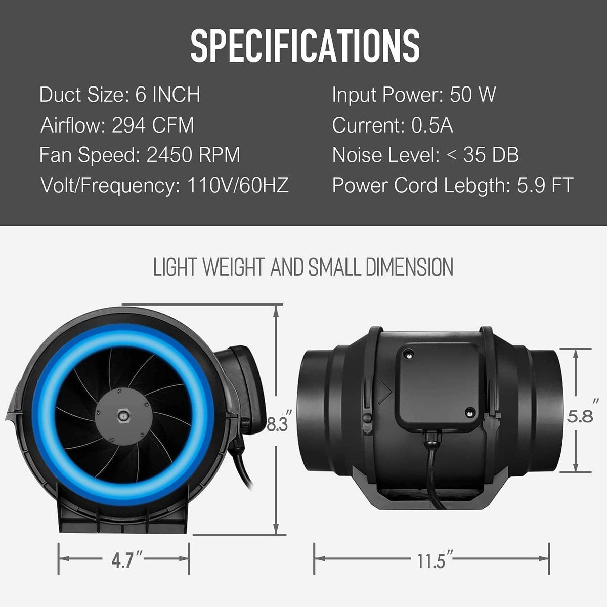 6 Inch 294 CFM Inline Fan with Carbon Filter and Ducting E8021