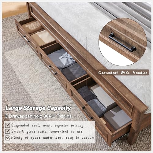 Antique Brown King Size Wood Platform Bed Frame with Headboard and Storage Drawers G326060