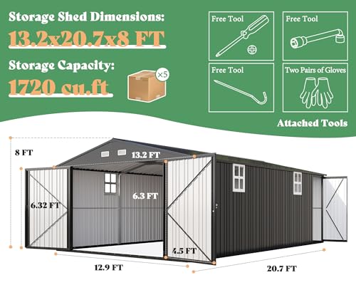 13.2x21x8 FT Outdoor Metal Garage Shed with Double Hinged Doors and 4 Windows V5093