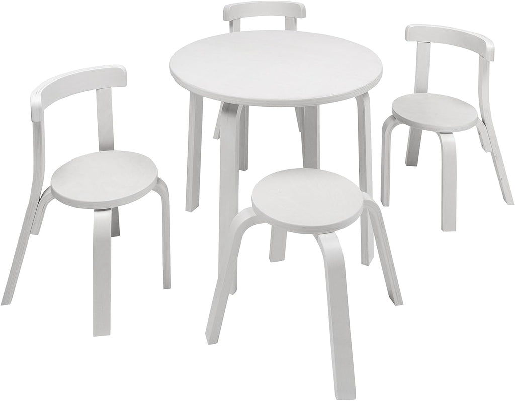 Kids Table and Chair Set with 3 Chairs and Stool White Wood B51252