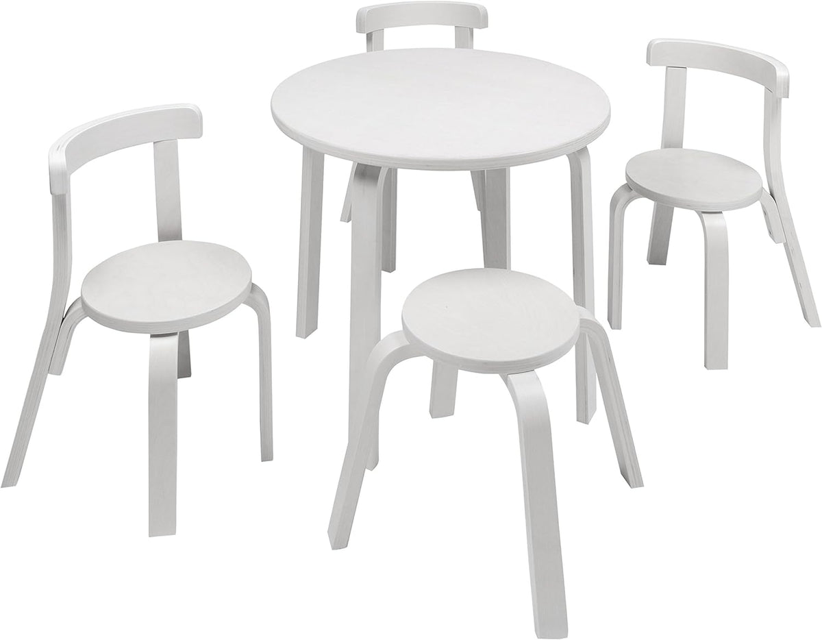 Kids Table and Chair Set with 3 Chairs and Stool White Wood B51252