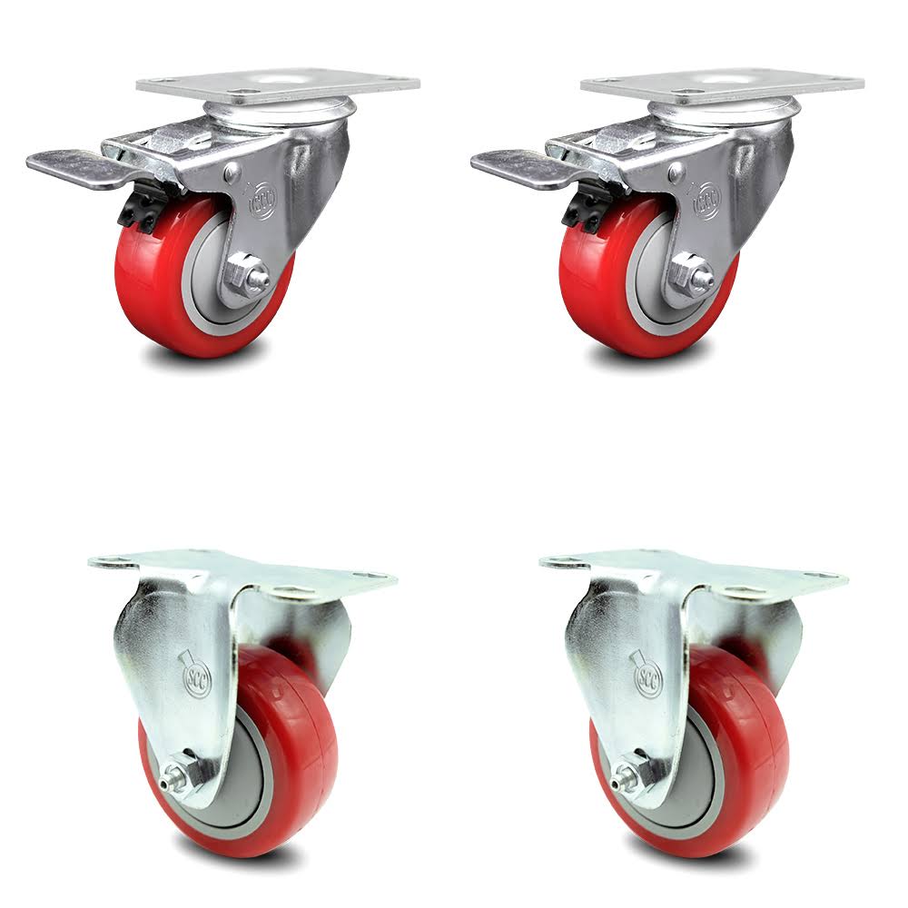 3 inch Red Polyurethane Swivel Plate Caster Set with Brakes J29642