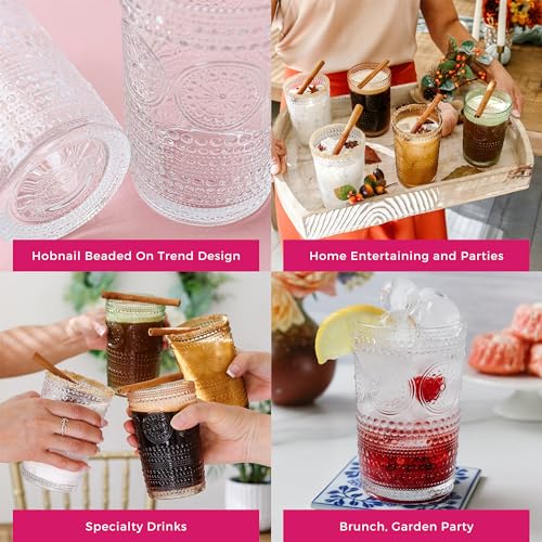 Hobnail Beaded Floral Rose Gold Drinking Glasses Set of 6, 13 oz Glassware Set Y95043