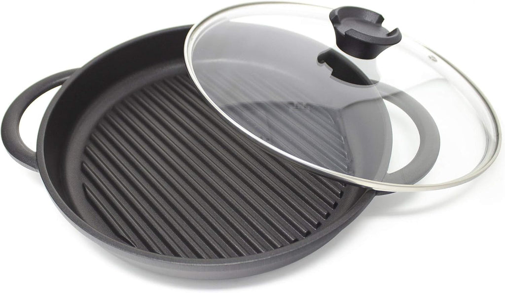 Cast Aluminium Griddle Pan with Glass Lid, 10.6 Diameter, Non-Stick W392