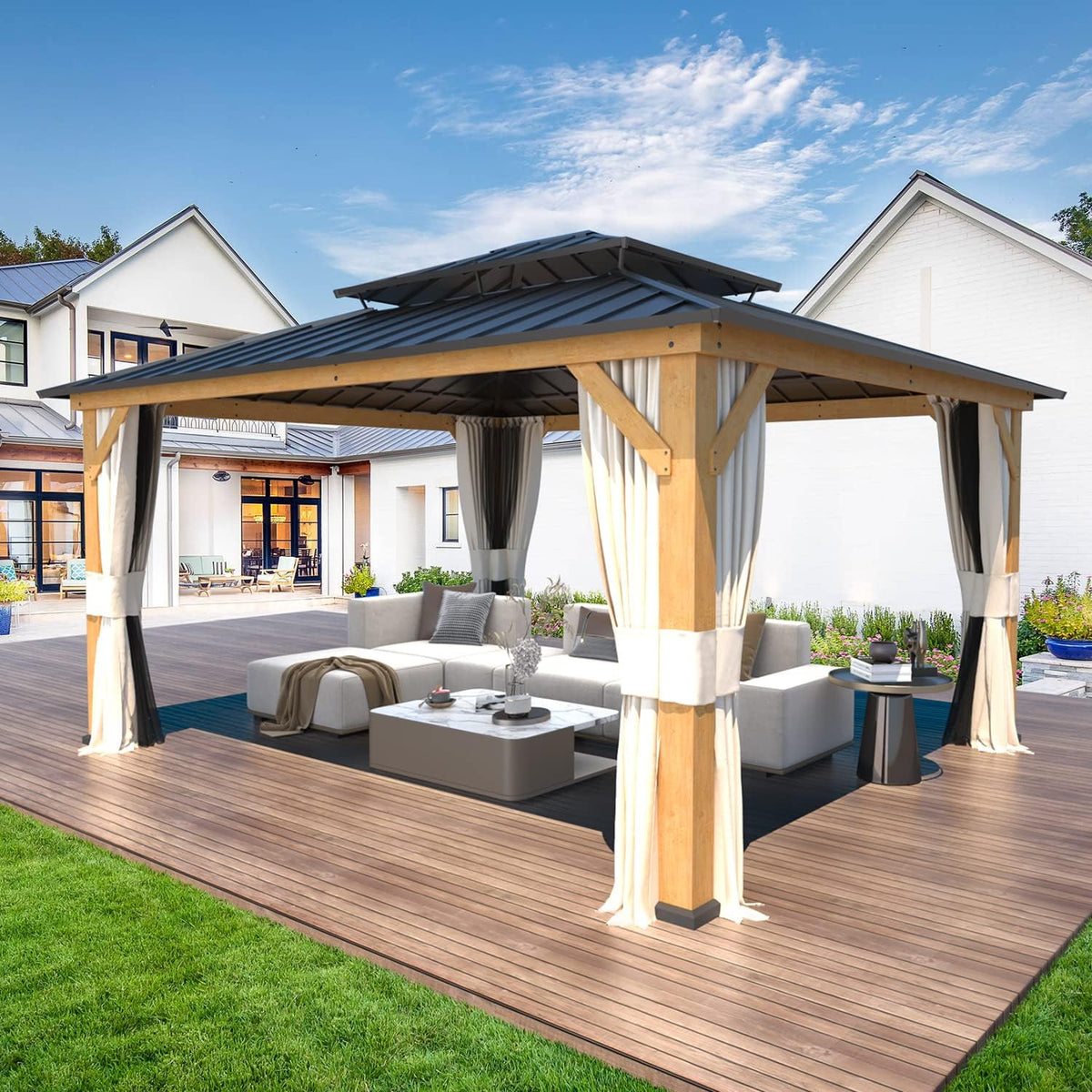 13'x15' Wood Gazebo with Netting and Curtains A873