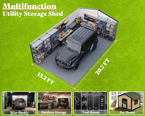 13.2x21x8 FT Outdoor Metal Garage Shed with Double Hinged Doors and 4 Windows V5093