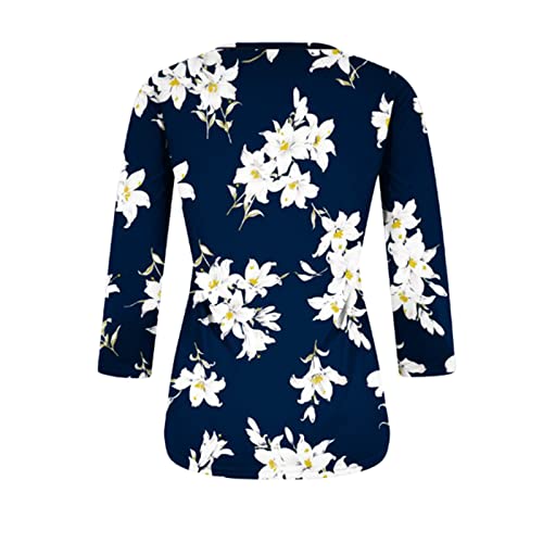Womens 3/4 Sleeve Ethnic Floral Blouse Slim Fit Crewneck Pullover Tees H353882