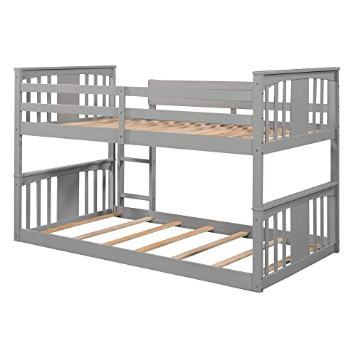Gray Solid Wood Twin over Twin Bunk Bed with Ladder and Guard Rail V4730