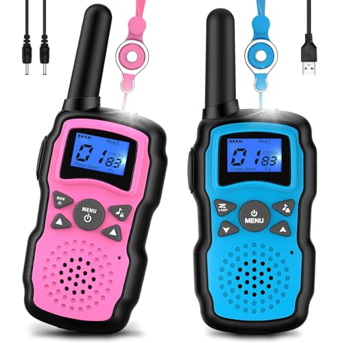 2 Pack Pink Purple Rechargeable Walkie Talkies with USB Charger 6000mAh Battery Flashlight Lanyard M905