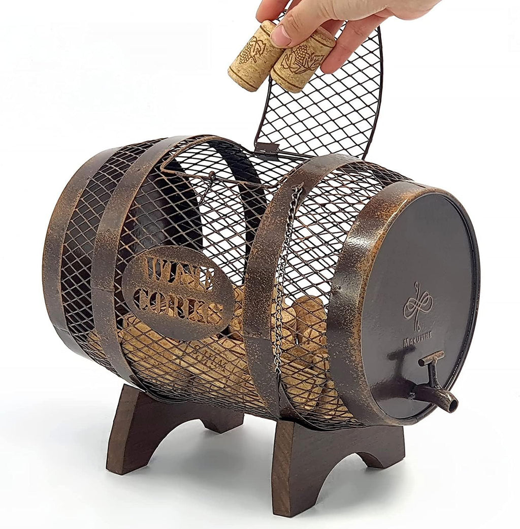 Rustic Metal Large Barrel Wine Cork Holder Display On Wooden Stand N2245