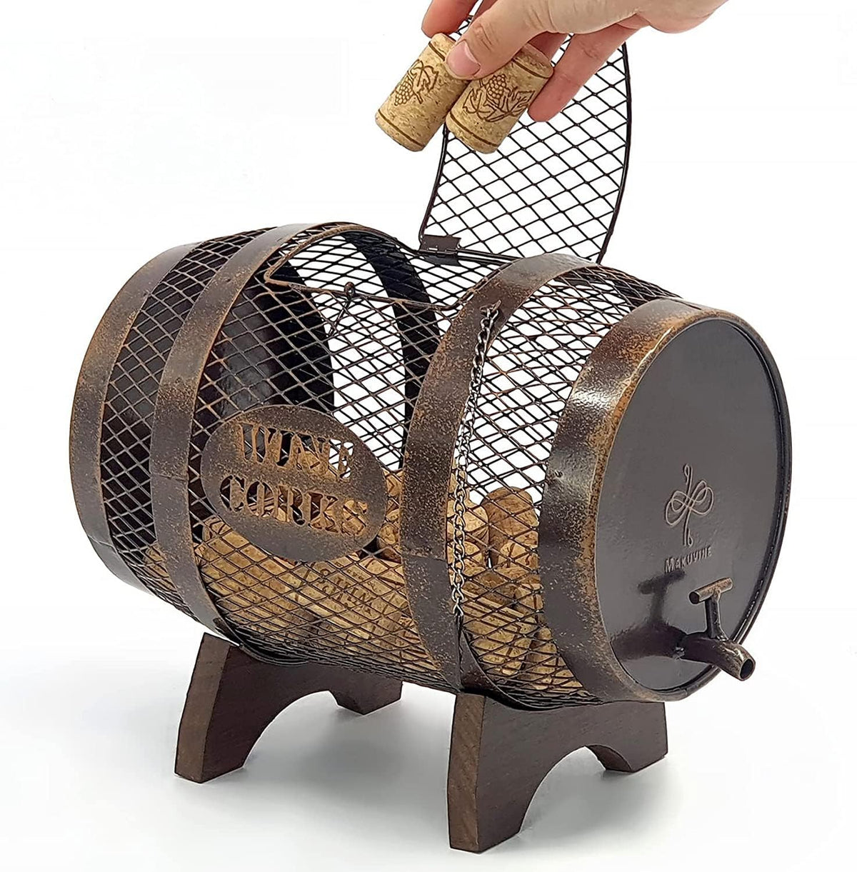 Rustic Metal Large Barrel Wine Cork Holder Display On Wooden Stand N2245