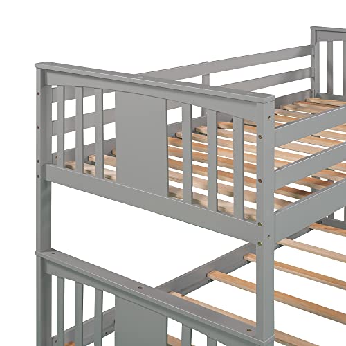 Gray Solid Wood Twin over Twin Bunk Bed with Ladder and Guard Rail V4730
