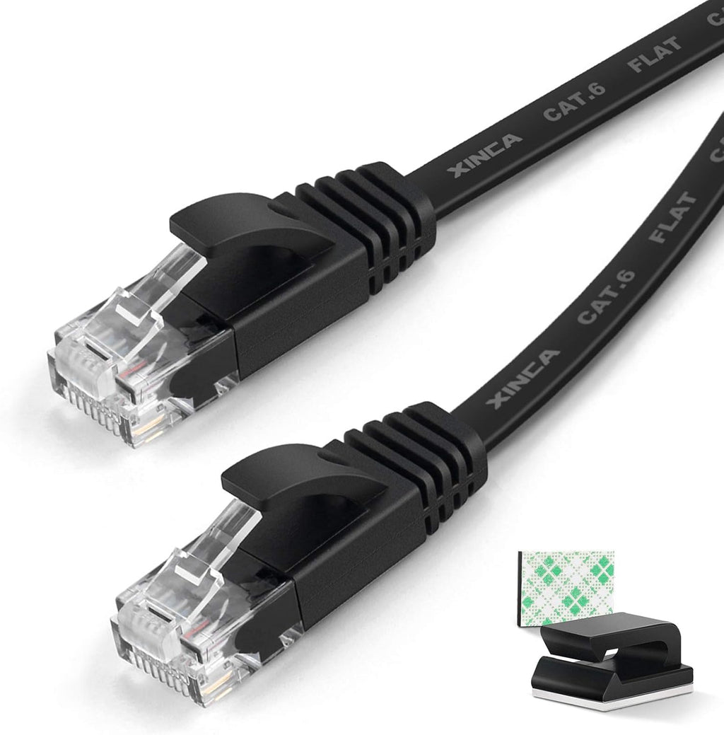 Cat6 Ethernet Cable 75 ft Black Flat Network LAN Cable with Cable Clips U78302