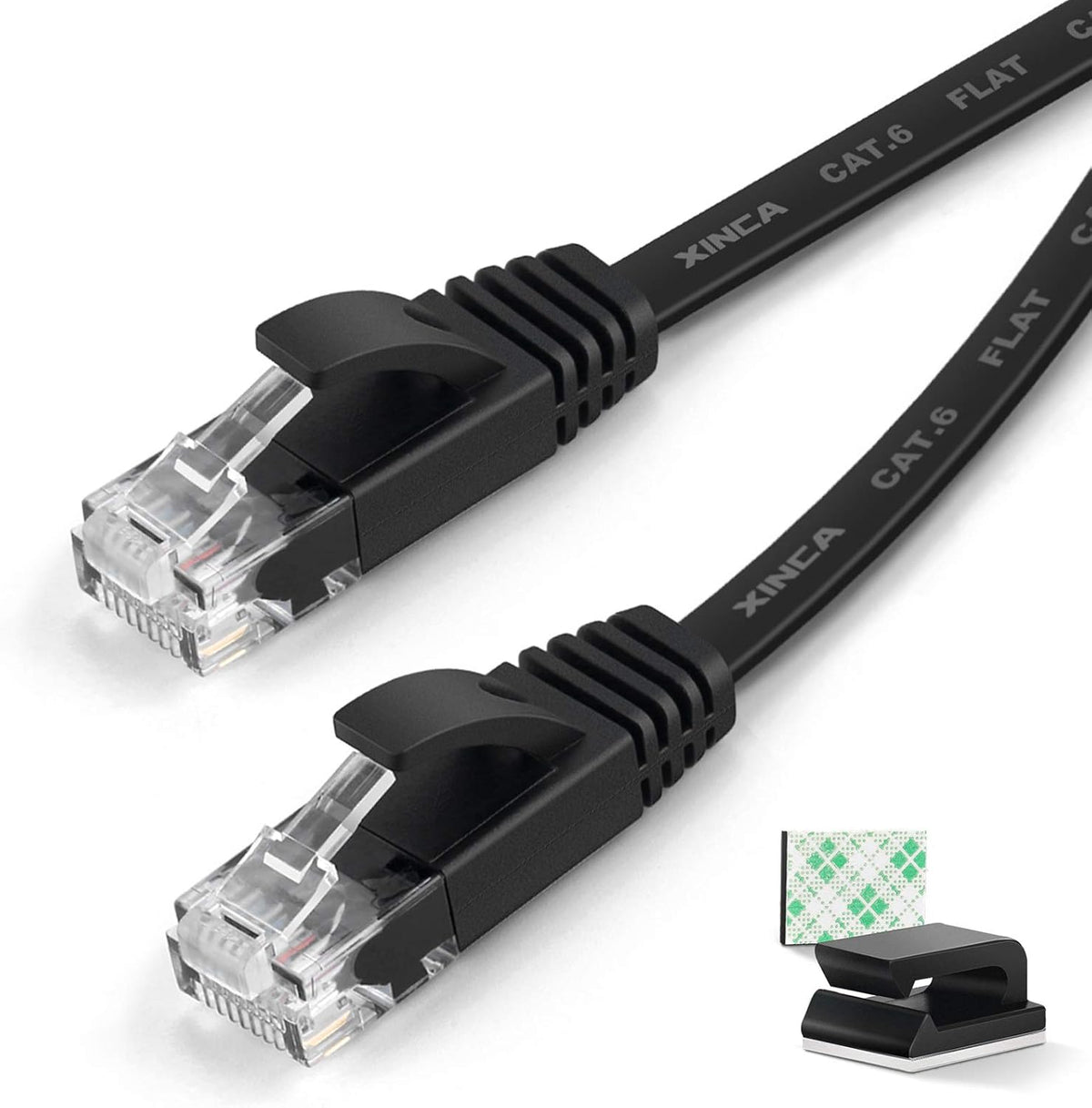 Cat6 Ethernet Cable 75 ft Black Flat Network LAN Cable with Cable Clips U78302
