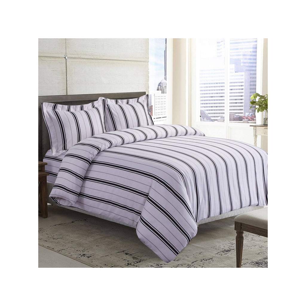 Black Grey Stripe Printed Flannel Duvet Cover Set King F813964