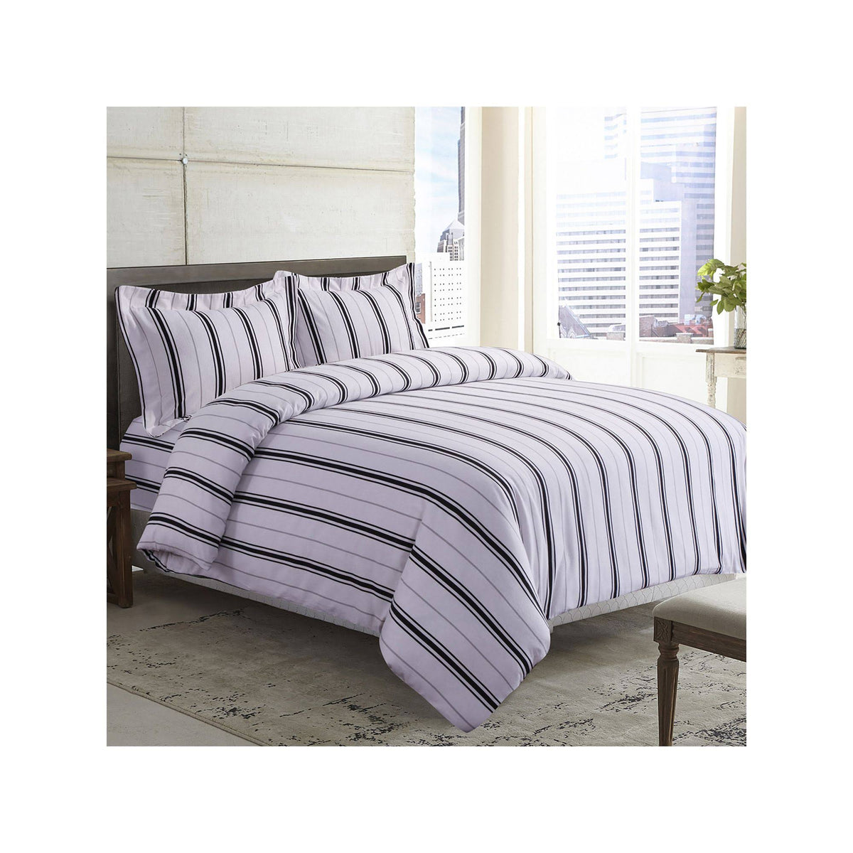 Black Grey Stripe Printed Flannel Duvet Cover Set King F813964