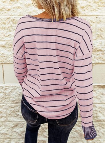 Long Sleeve Striped Button Up Tunic Shirts Loose Fit Henley Tee Blouses T9190