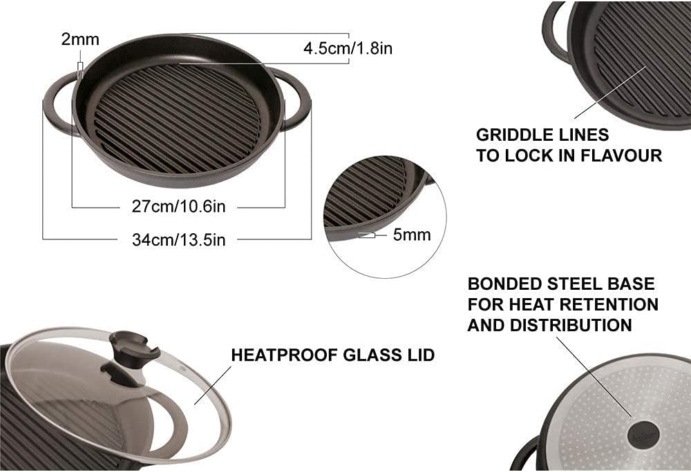 Cast Aluminium Griddle Pan with Glass Lid, 10.6 Diameter, Non-Stick W392