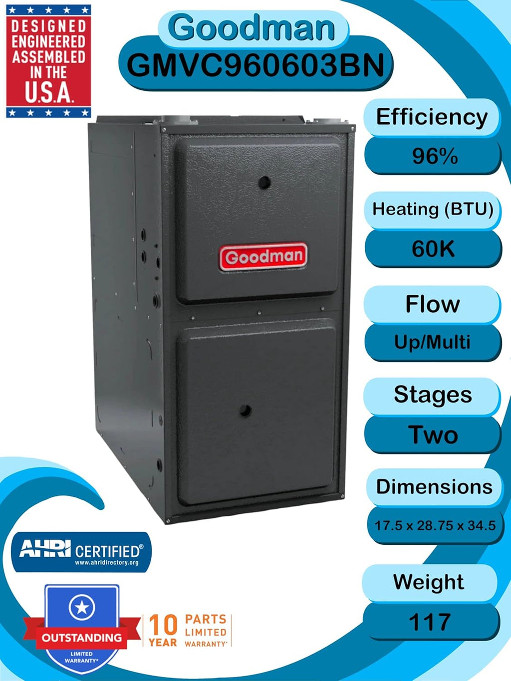3 TON 14.3 SEER2 AC Unit with 96% AFUE 60k BTU Low NOx Two-Stage Gas Heater and Upflow Evaporator J107