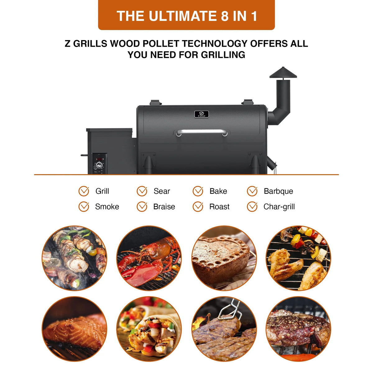 560 sq. in. Wood Pellet Grill & Smoker, 8 in 1 BBQ Grill N373